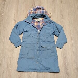 Vintage 80s LL Bean Womens S Blue Wool‎ Plaid Lined Hooded Parka Jacket Made USA